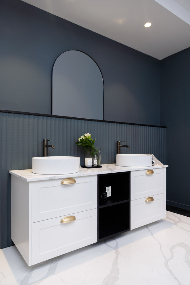 Vancouver Vanity Wall Mounted, 4 Drawers, Open Shelf, Double Bowl