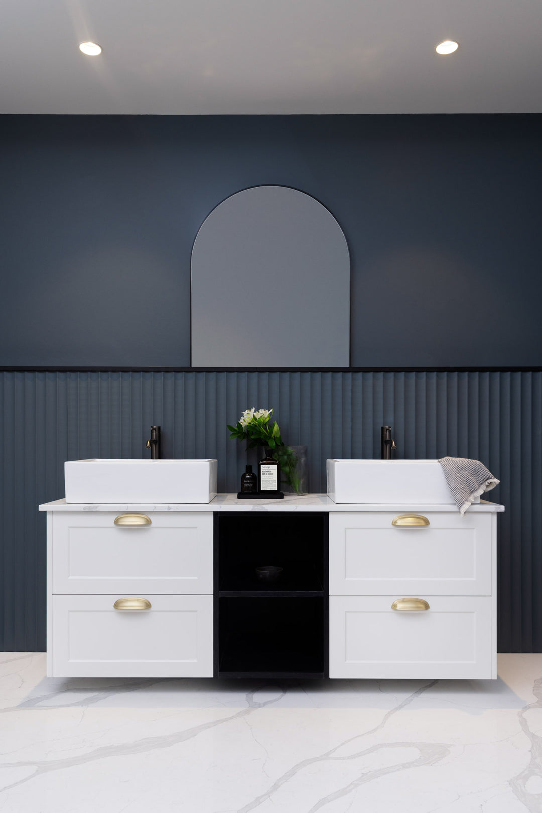 Vancouver Vanity Wall Mounted, 4 Drawers, Open Shelf, Double Bowl