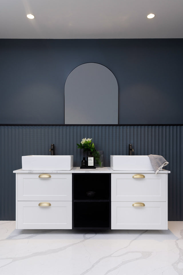 Vancouver Vanity Wall Mounted, 4 Drawers, Open Shelf, Double Bowl